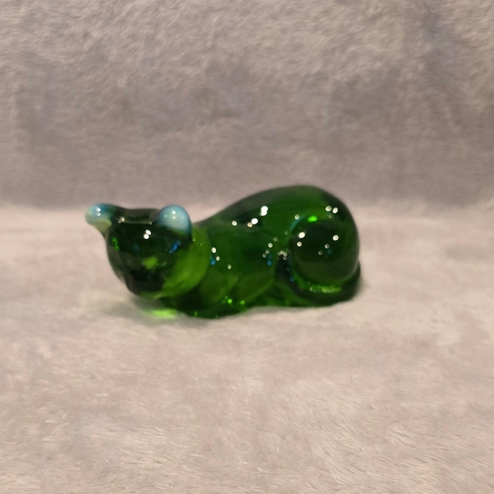 Vintage Mosser Art Glass 1990s Laying Cat‎ Style 194 Emerald Green Opalescent